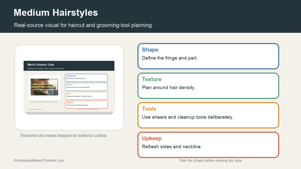 Editorial image based on restored grooming media with checks for medium-length hairstyle planning, haircut planning, tool choice, section control, and upkeep