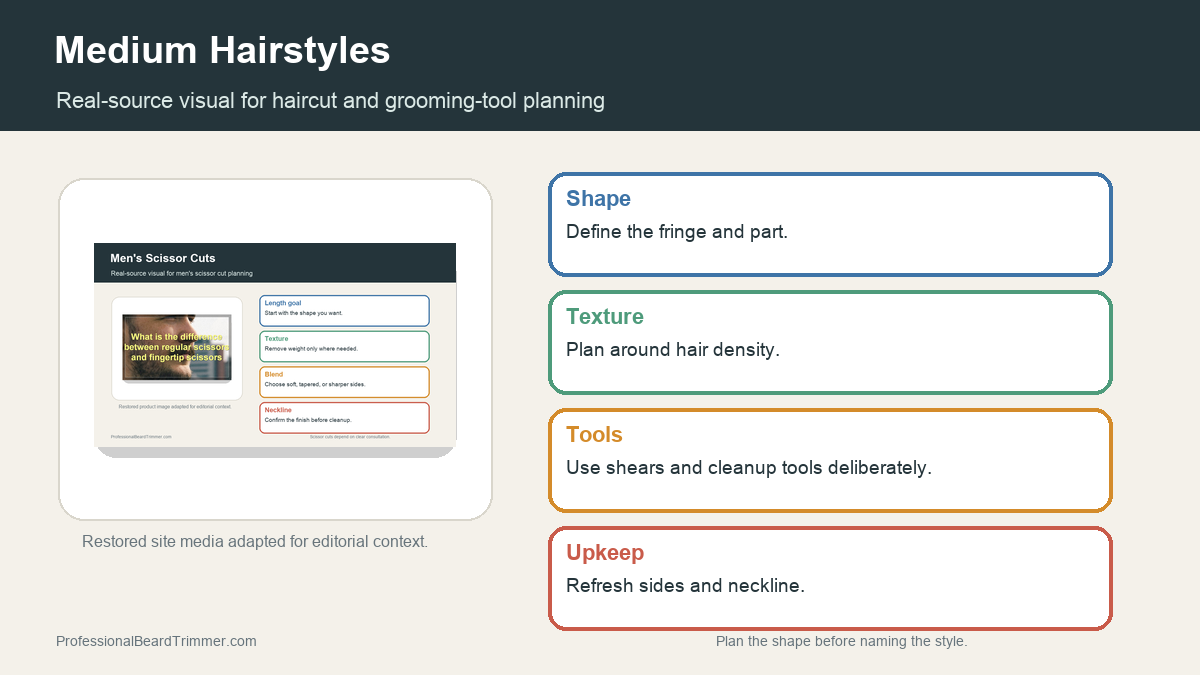 Editorial image based on restored grooming media with checks for medium-length hairstyle planning, haircut planning, tool choice, section control, and upkeep