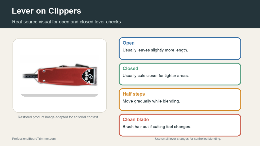 Editorial image based on a restored adjustable clipper product photo with checks for open lever, closed lever, blending, guard use, and blade care