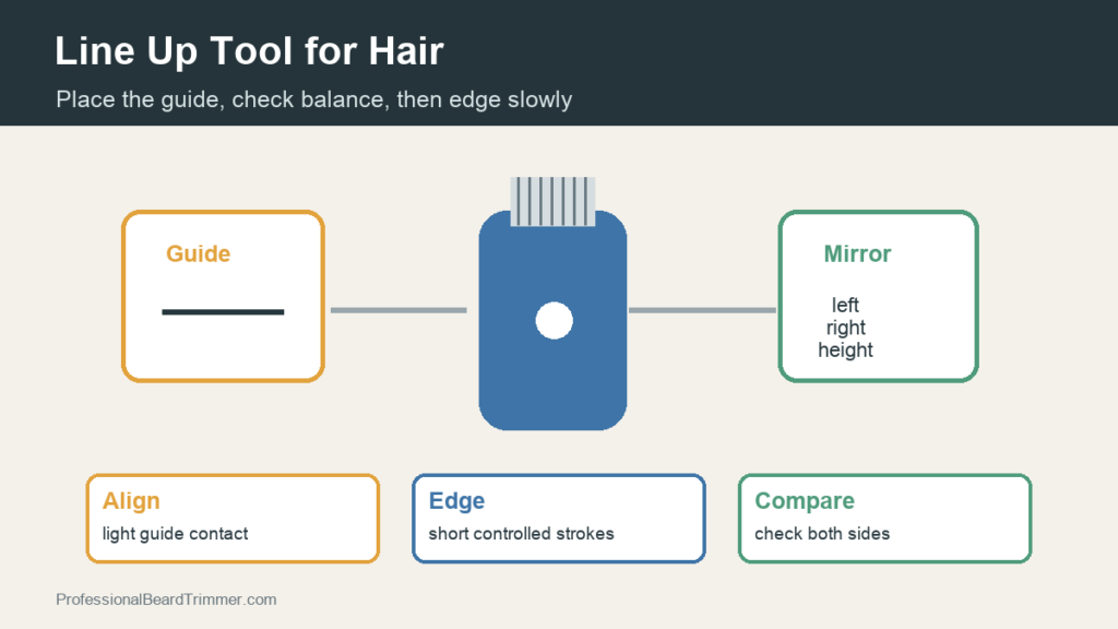 Diagram showing line up tool placement, mirror balance checks, and short controlled trimmer strokes for hair edges