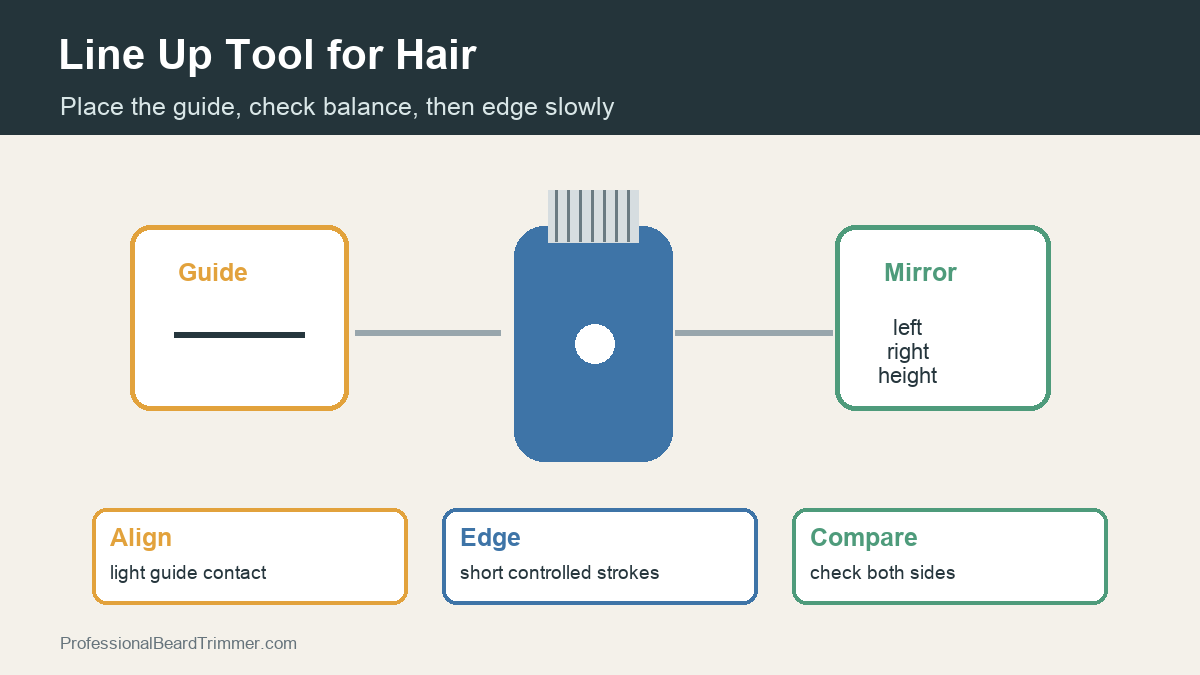 Diagram showing line up tool placement, mirror balance checks, and short controlled trimmer strokes for hair edges