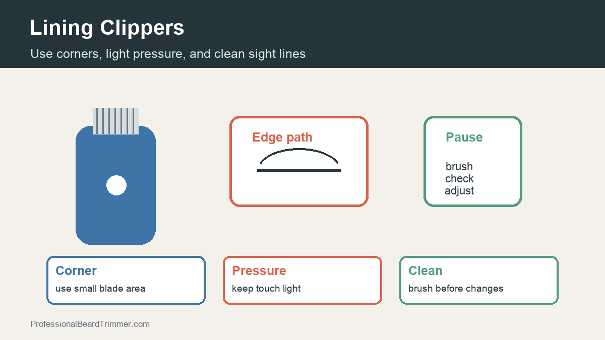Diagram showing lining clippers, a short edge path, light pressure, and pause points for brushing and checking the line