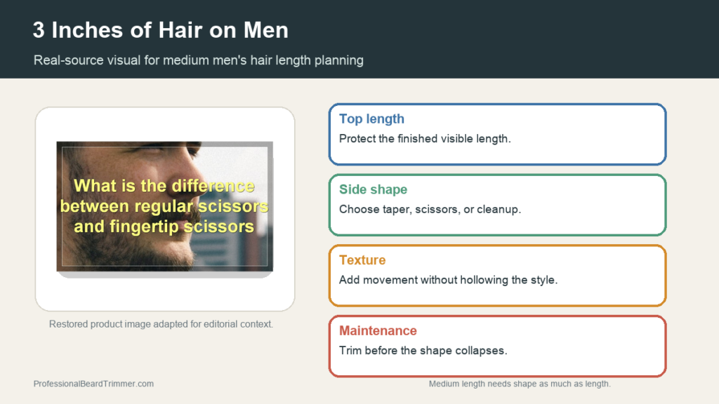 Editorial image based on restored scissors media with checks for 3 inches of men's hair, scissor top work, side transition, texture, and maintenance