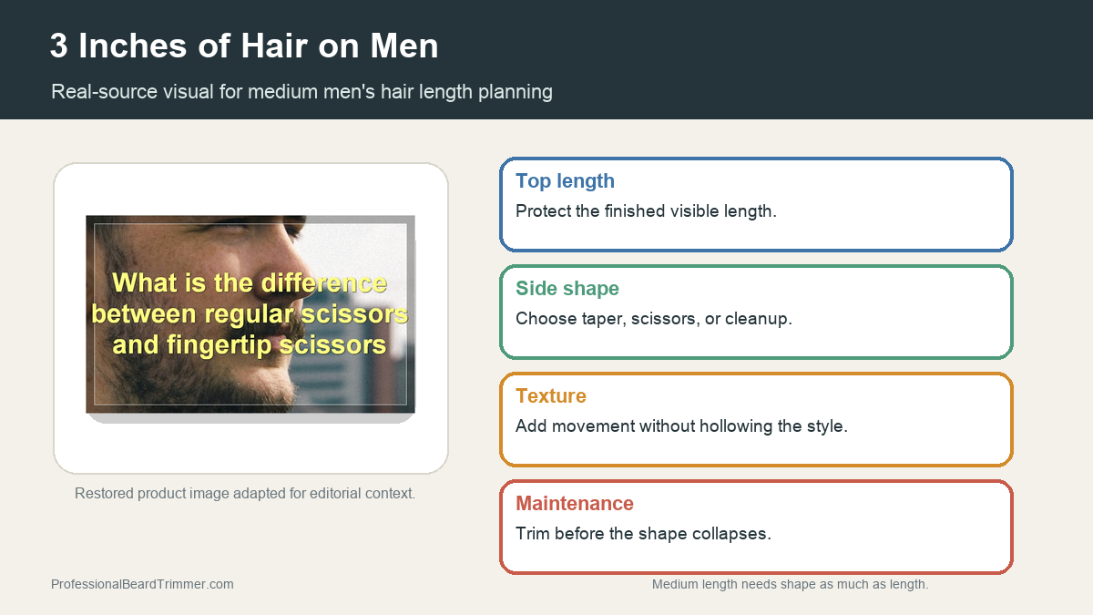 Editorial image based on restored scissors media with checks for 3 inches of men's hair, scissor top work, side transition, texture, and maintenance
