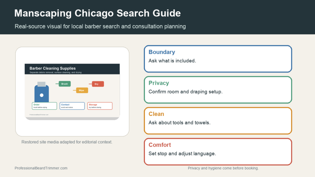 Editorial image based on restored grooming media with checks for privacy, hygiene, and grooming appointment planning, barber questions, haircut planning, and hygiene signals