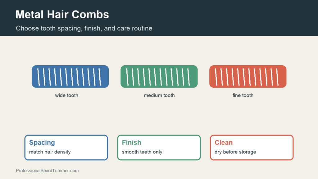 Diagram showing metal hair comb choices by tooth spacing, smooth finish, cleaning, drying, and storage