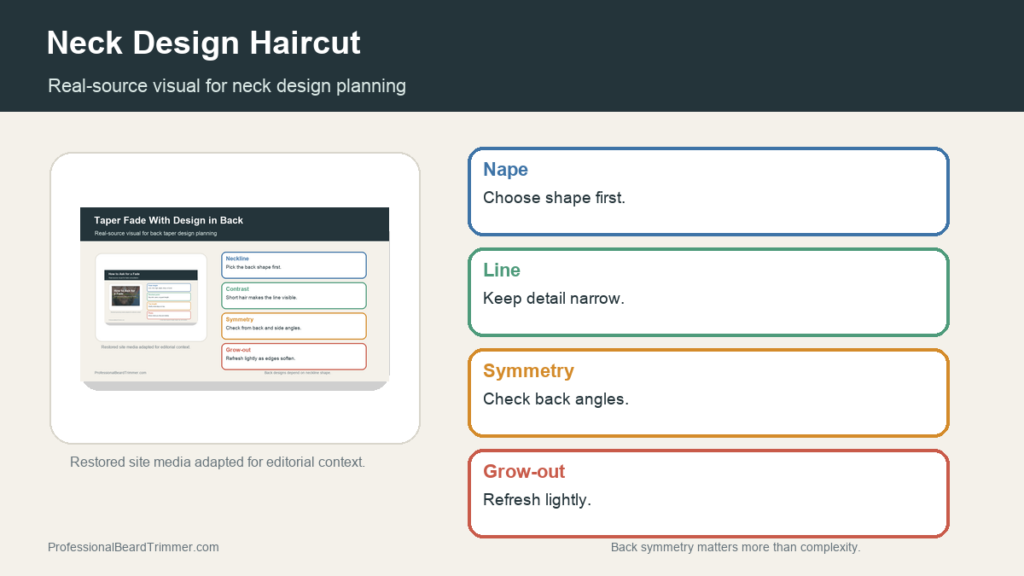 Editorial image based on restored back taper media with checks for neck design haircut placement, nape line width, back symmetry, taper shape, and grow-out cleanup