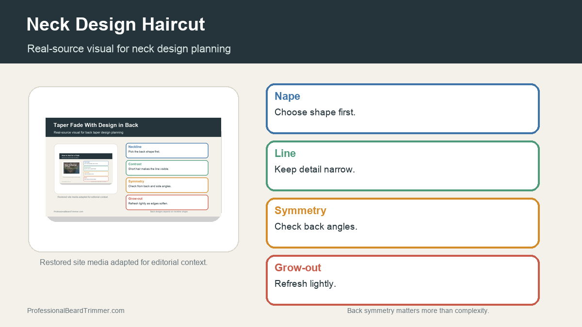Editorial image based on restored back taper media with checks for neck design haircut placement, nape line width, back symmetry, taper shape, and grow-out cleanup