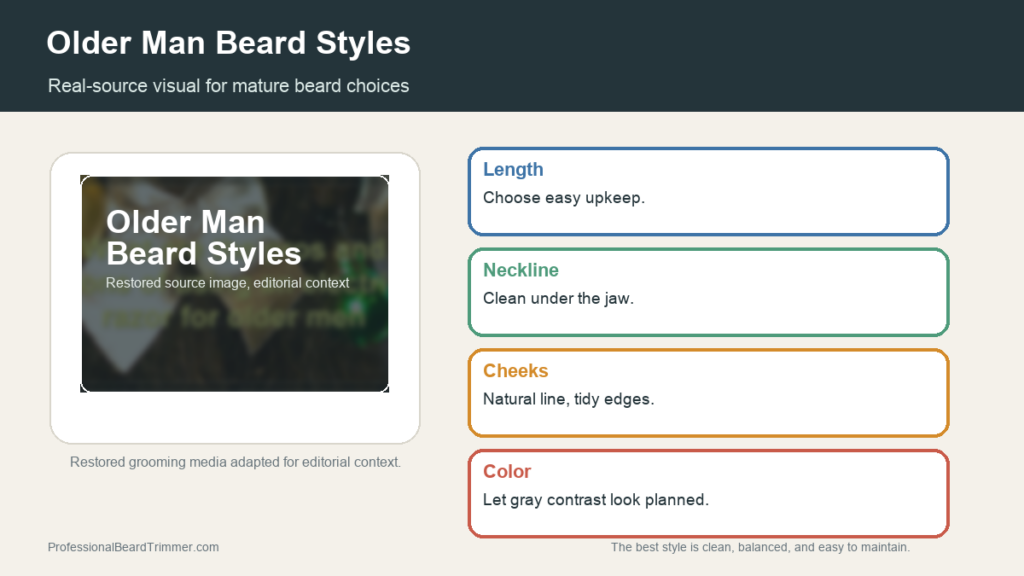 Editorial image based on restored mature grooming media with checks for older man beard styles, neckline, cheek line, gray contrast, and easy maintenance