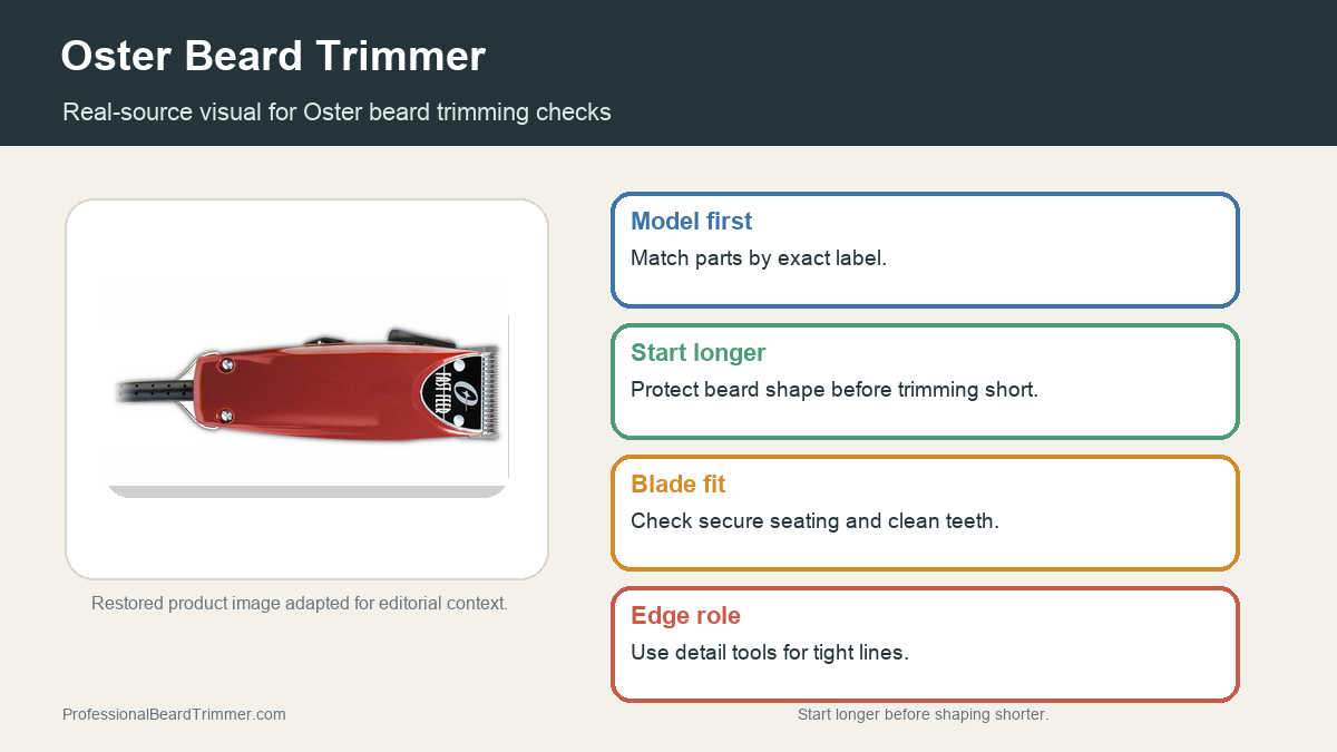 Editorial image based on a restored Oster grooming tool photo with checks for exact model label, guard planning, blade fit, cleaning, and safe beard trimming