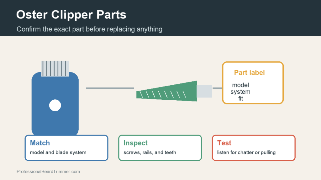 Diagram showing Oster clipper parts fit checks for model label, blade system, screws, rails, and test pass