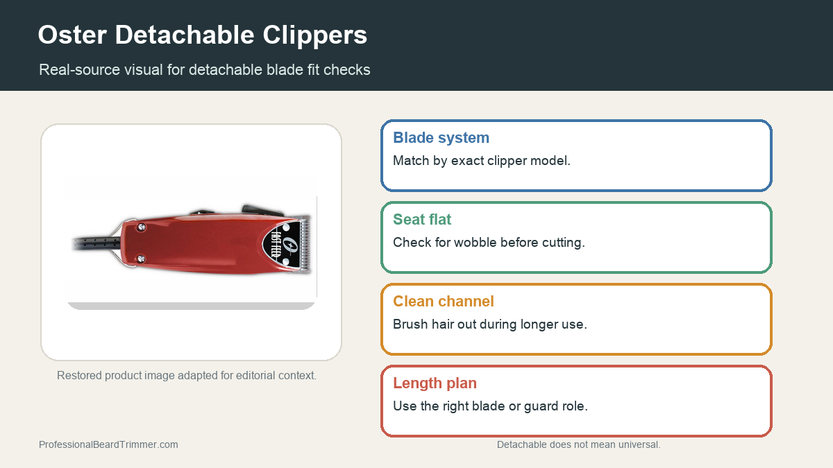 Editorial image based on a restored Oster clipper product photo with checks for detachable blade fit, blade seating, cleaning, heat comfort, and safe use