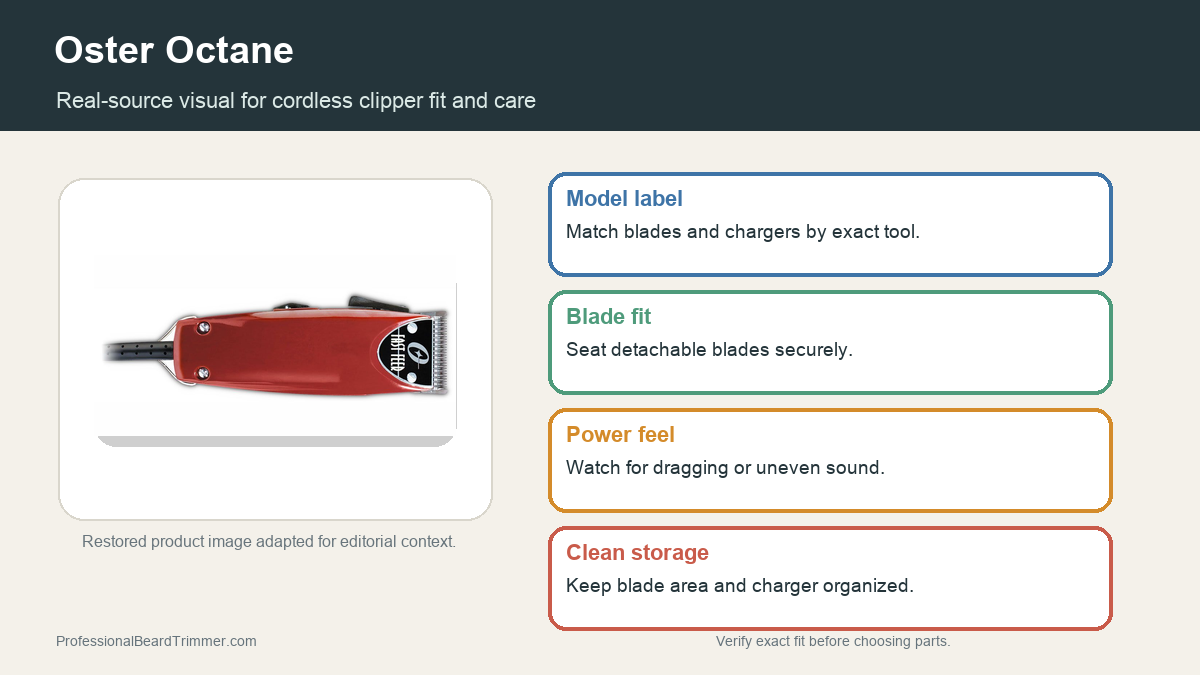 Editorial image based on a restored Oster clipper product photo with checks for cordless power feel, blade fit, charging, cleaning, and safe clipper care