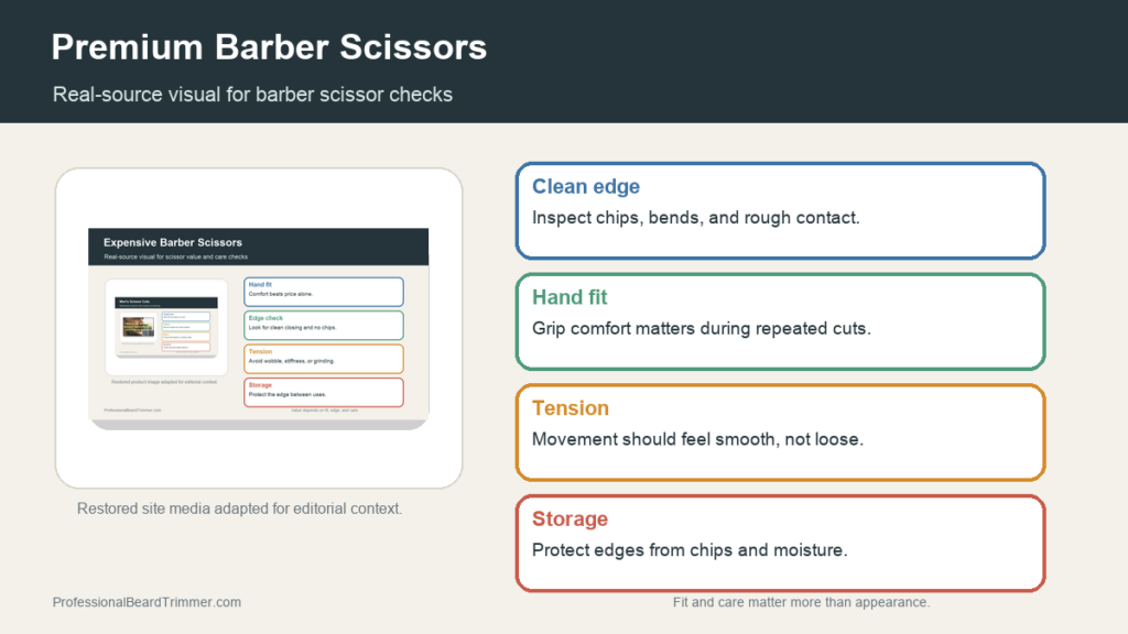 Editorial image based on barber scissor media with checks for steel quality, edge condition, hand fit, tension, balance, storage, and haircutting use