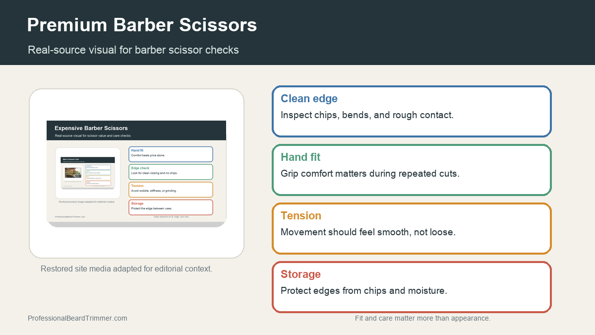 Editorial image based on barber scissor media with checks for steel quality, edge condition, hand fit, tension, balance, storage, and haircutting use