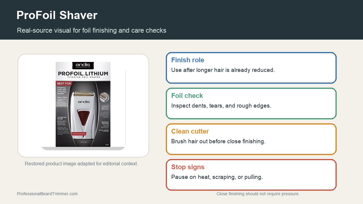 Editorial image based on a restored foil shaver product photo with checks for foil condition, cutter care, cleaning, charging, and safe finishing