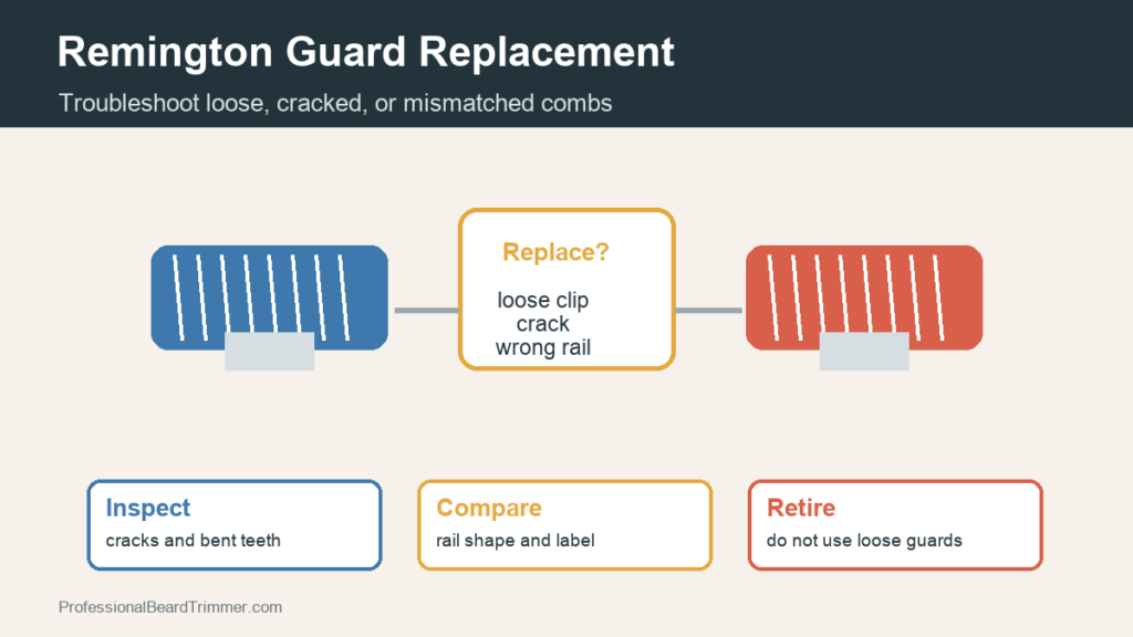 Diagram showing Remington clipper guard replacement checks for loose clips, cracked teeth, wrong rail shape, and test pass