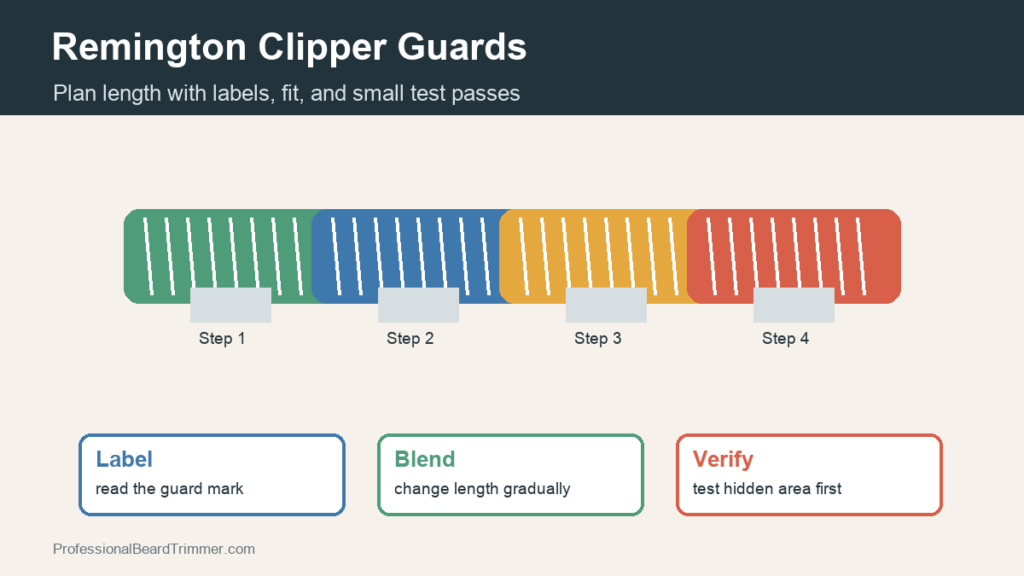 Diagram showing Remington clipper guards arranged for gradual length planning, label checks, blending, and test passes