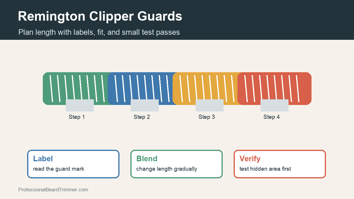 Diagram showing Remington clipper guards arranged for gradual length planning, label checks, blending, and test passes