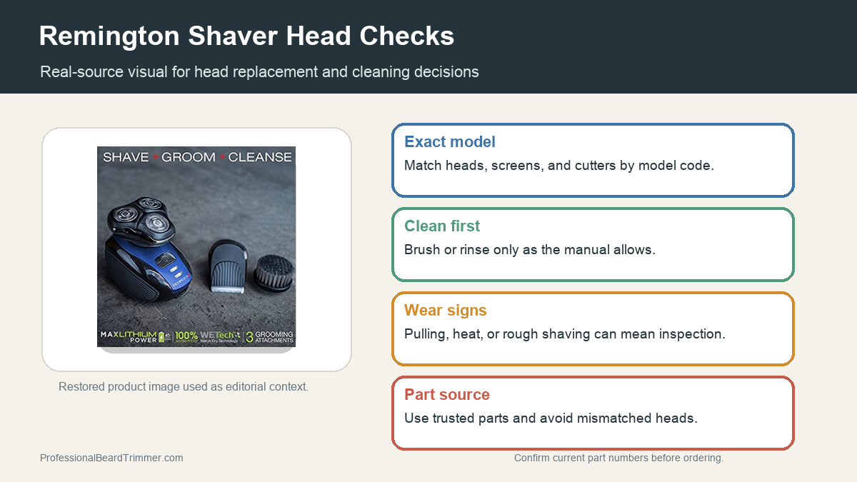 Editorial image based on a restored Remington shaver product photo with checks for model fit, head replacement, cleaning, and wear signs