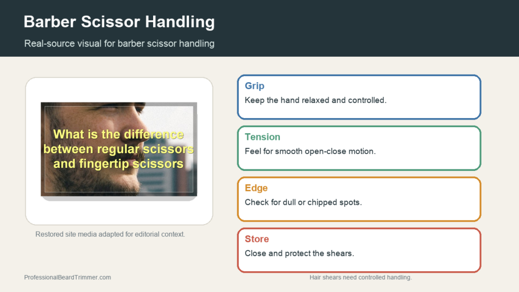 Editorial image based on restored scissor media with checks for barber shear handling, cutting control, finger rest, storage, sharpening, and safe haircut use
