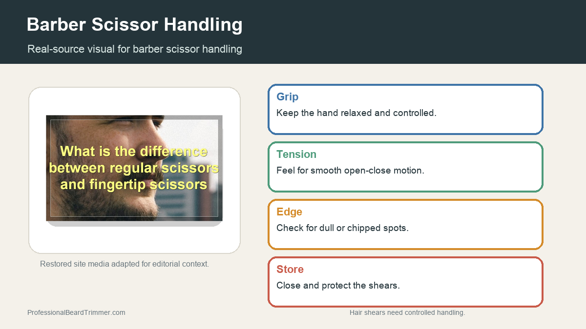 Editorial image based on restored scissor media with checks for barber shear handling, cutting control, finger rest, storage, sharpening, and safe haircut use