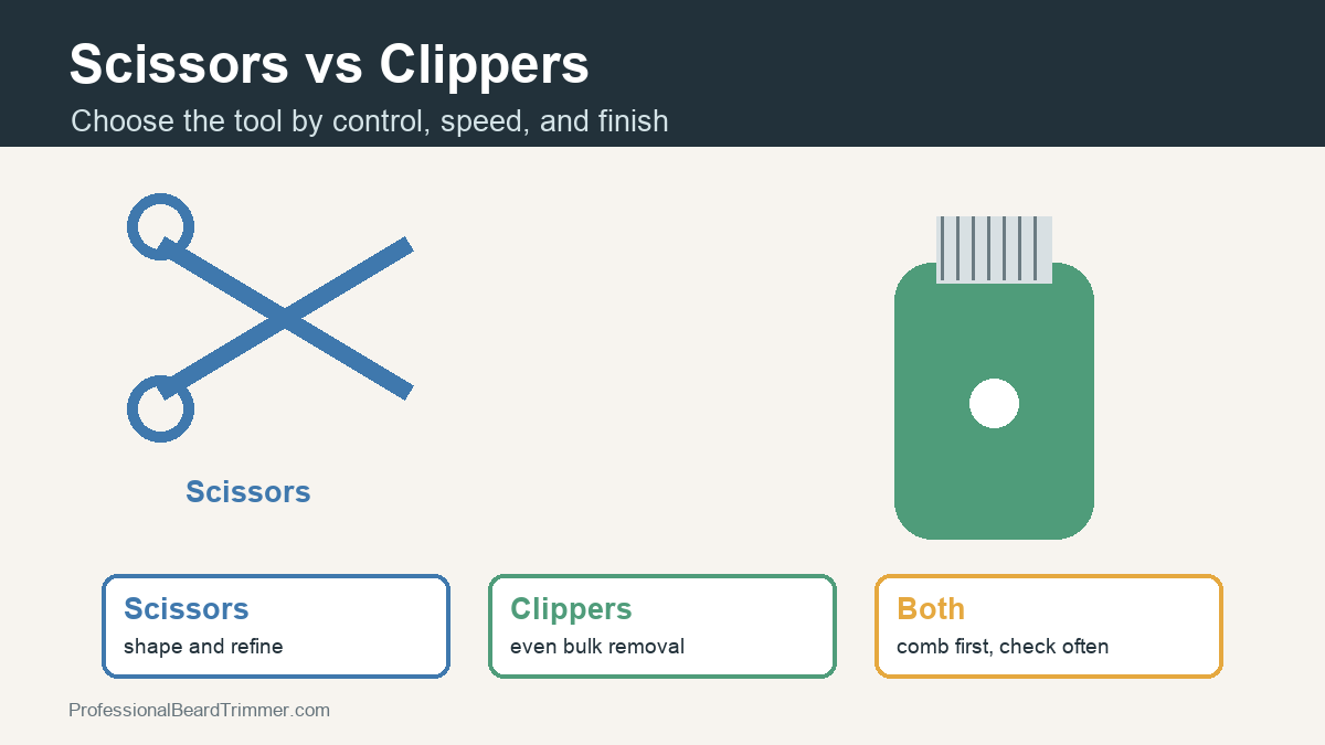 Diagram comparing scissors and clippers for shaping, bulk removal, blending, and grooming control
