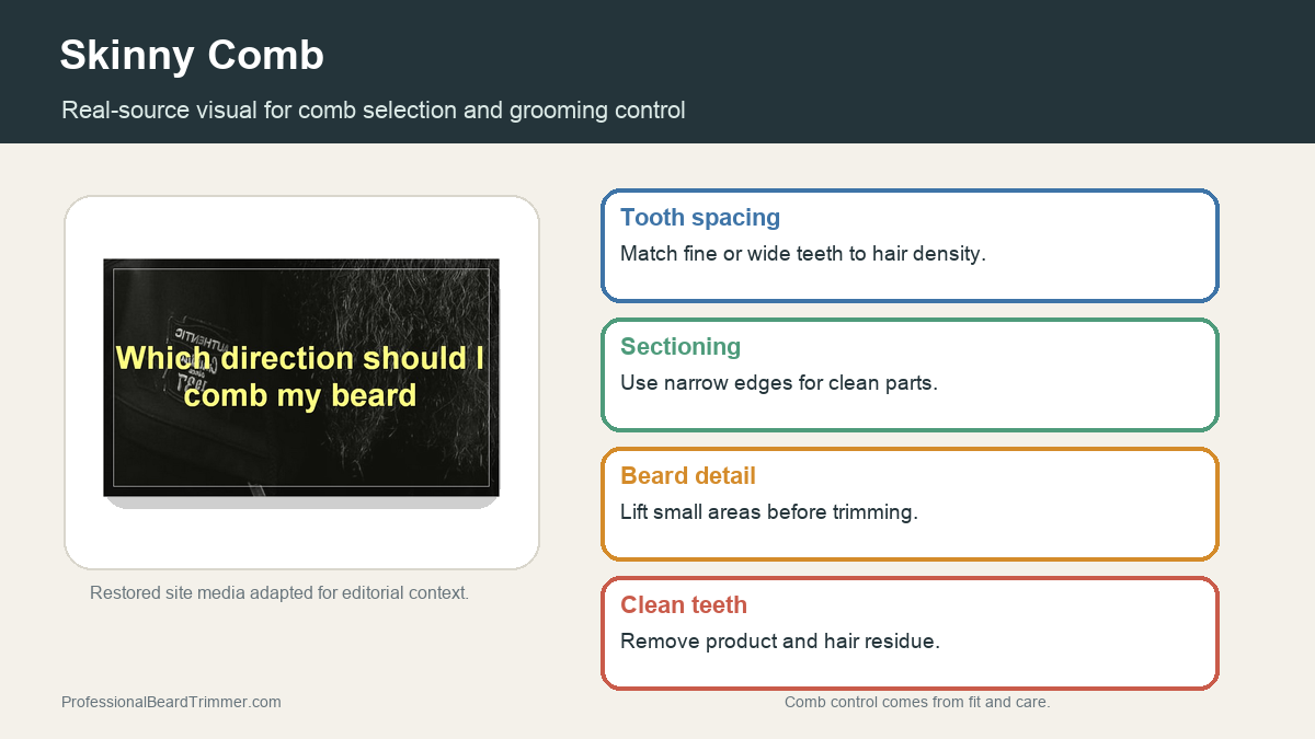 Editorial image based on grooming-tool media with checks for skinny comb sectioning, parting, beard detail control, cleaning, and storage