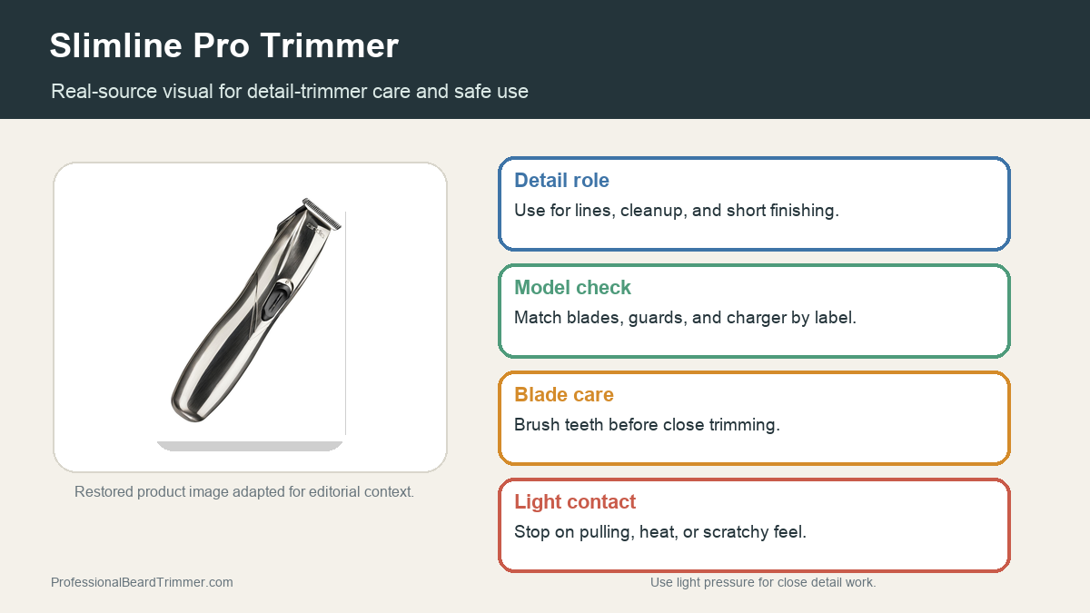 Editorial image based on a restored Slimline Pro trimmer product photo with checks for model label, edge role, blade care, charging, and safe use