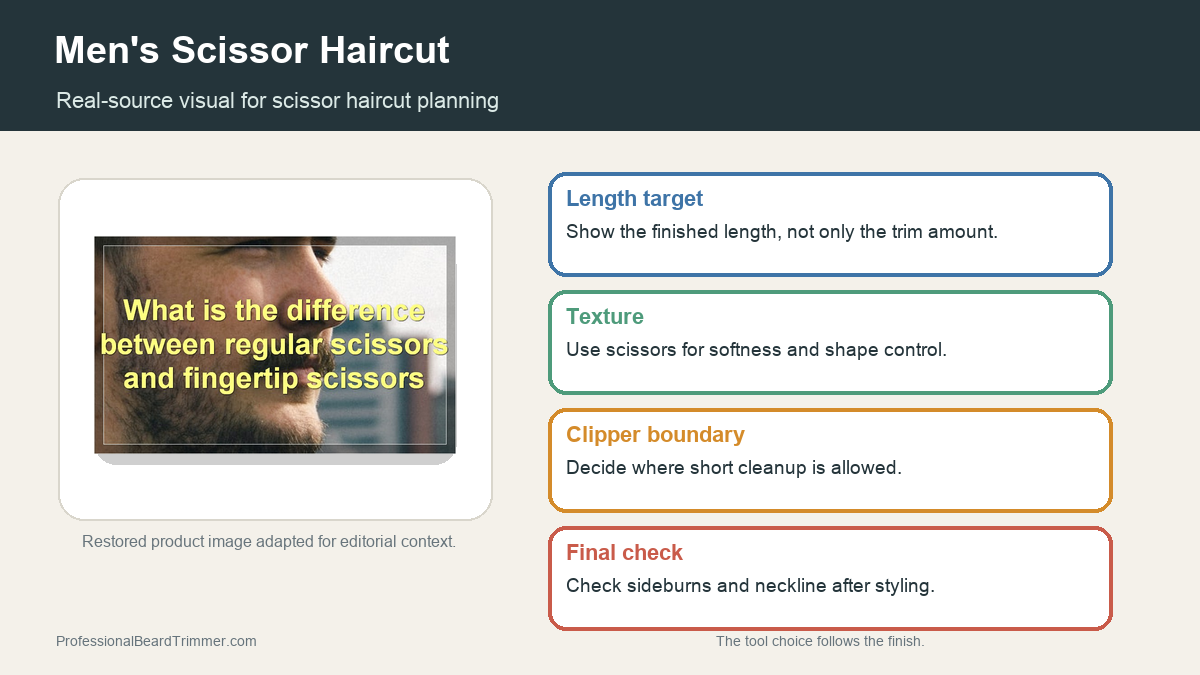 Editorial image based on restored grooming media with checks for classic short textured haircut, taper planning, barber notes, and upkeep