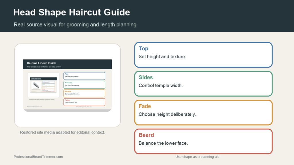 Editorial image based on restored grooming media with checks for head shape and haircut balance, tool choice, length control, edge cleanup, and upkeep