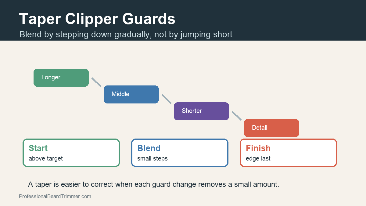 Diagram showing taper clipper guards stepping from longer to shorter lengths for blending