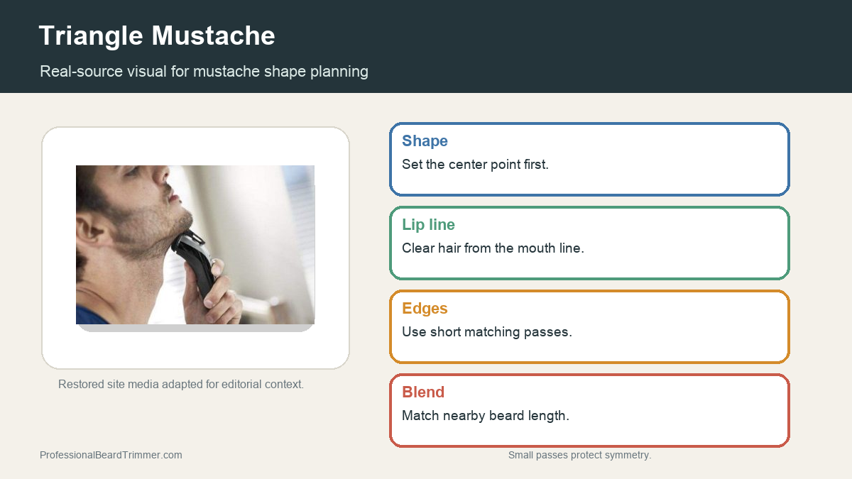 Editorial image based on restored facial-hair trimming media with checks for triangle mustache shape, lip clearance, edge lines, and detail trimmer control