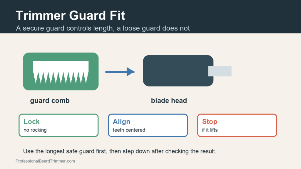 Diagram showing a trimmer guard locking onto a blade head for safe length control