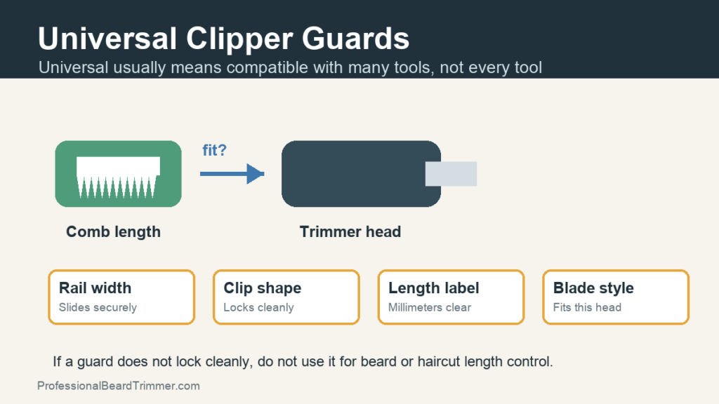 Diagram showing a clipper guard fit check for rail width, clip shape, length label, and blade style