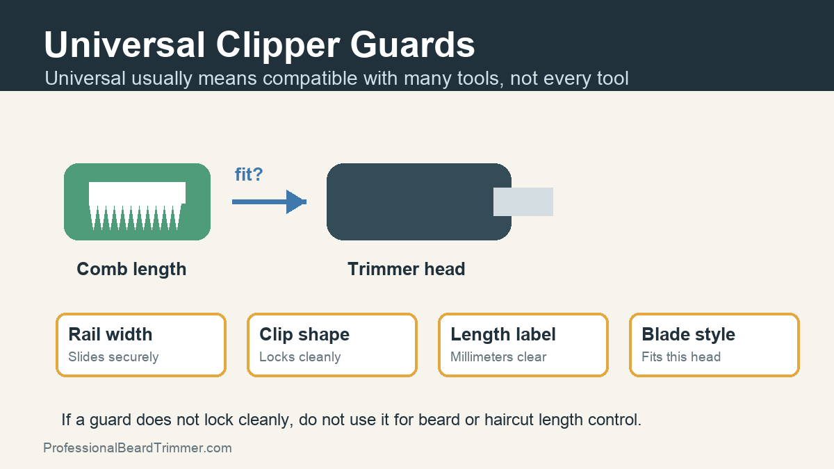 Diagram showing a clipper guard fit check for rail width, clip shape, length label, and blade style