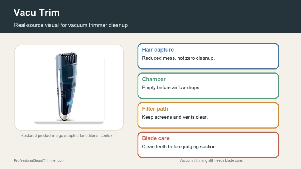 Editorial image based on restored vacuum beard trimmer media with checks for hair capture, chamber cleaning, filter care, blade condition, and guard fit