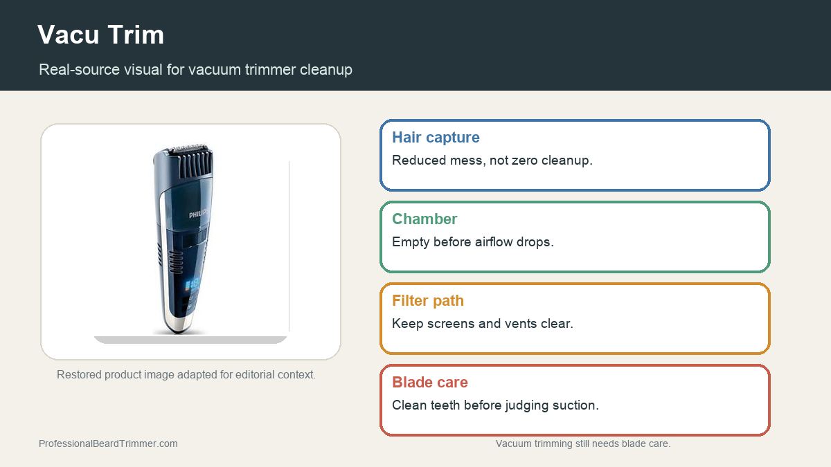 Editorial image based on restored vacuum beard trimmer media with checks for hair capture, chamber cleaning, filter care, blade condition, and guard fit