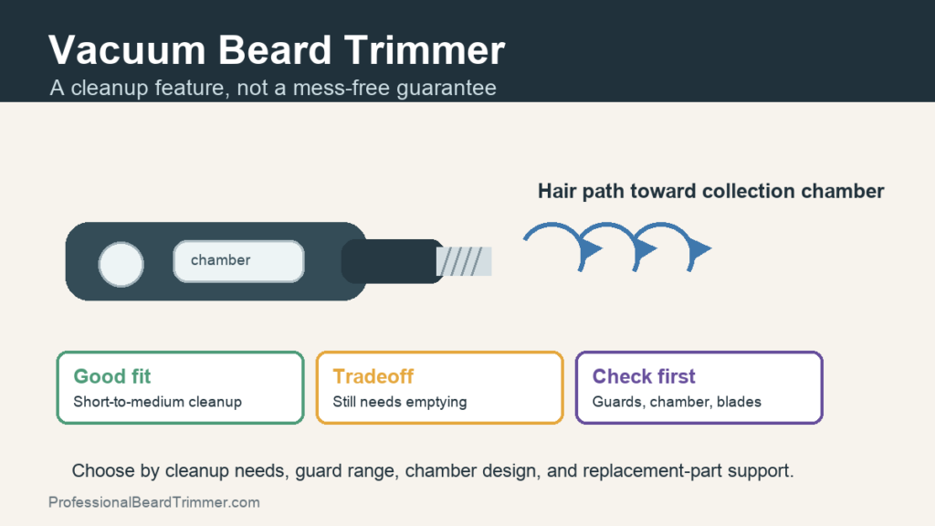 Diagram of a vacuum beard trimmer showing hair path toward a collection chamber