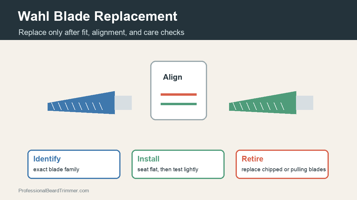 Diagram showing Wahl blade replacement checks for exact blade family, alignment, cleaning, oiling, and short test pass