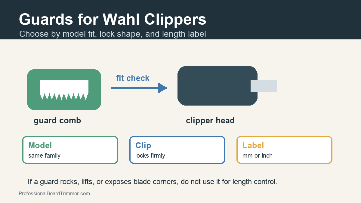 Diagram showing a clipper guard fit check for Wahl-style clippers with model, clip, and length label checks