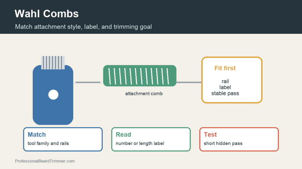 Diagram showing Wahl comb attachment checks for tool family, rail fit, label reading, and a short test pass