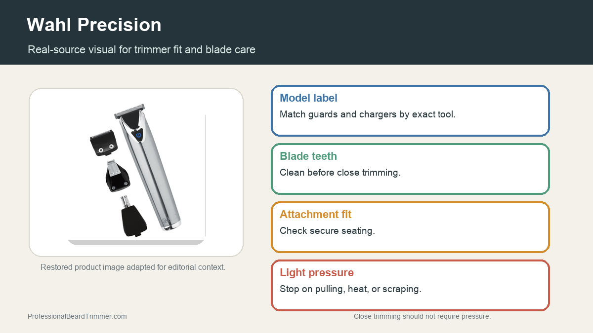 Editorial image based on a restored Wahl grooming tool photo with checks for trimmer model label, blade care, guard fit, charging, and safe use