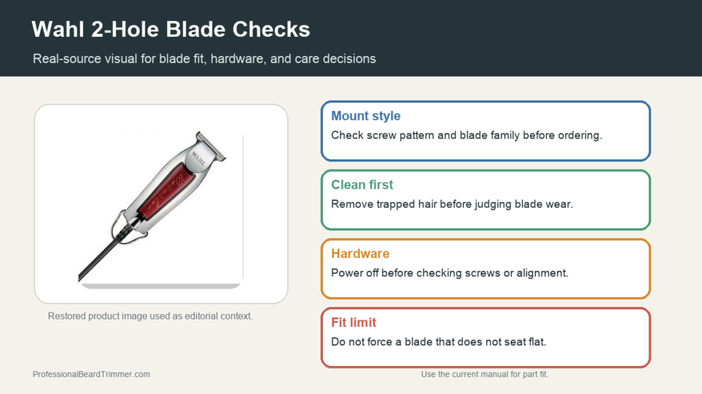 Editorial image based on a restored Wahl product photo with checks for 2 hole blade fit, hardware, cleaning, and safe replacement