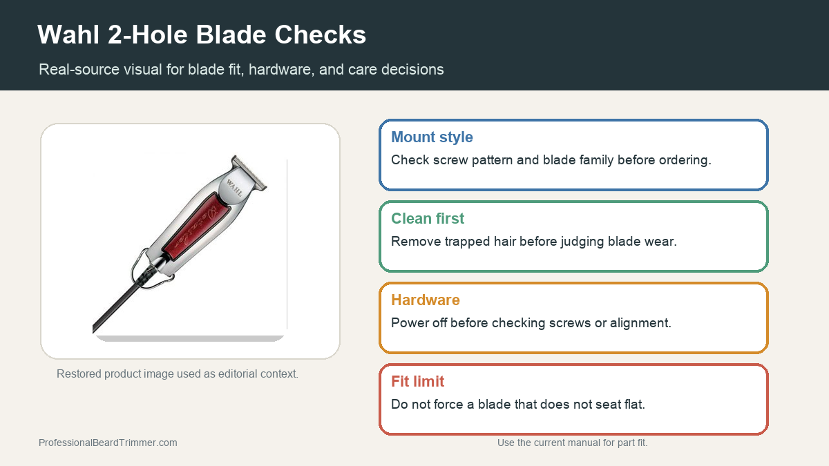 Editorial image based on a restored Wahl product photo with checks for 2 hole blade fit, hardware, cleaning, and safe replacement