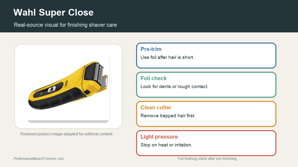 Editorial image based on a restored Wahl shaver and trimmer photo with checks for finishing role, foil comfort, cleaning, charging, and skin-safe use