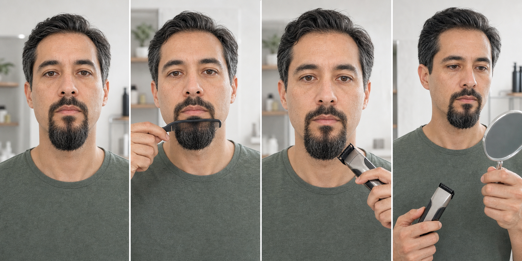Four-stage goatee mistake-prevention workflow showing a dry baseline, gentle zone separation, a powered-off outer-chin path rehearsal, and a released stop-and-compare check