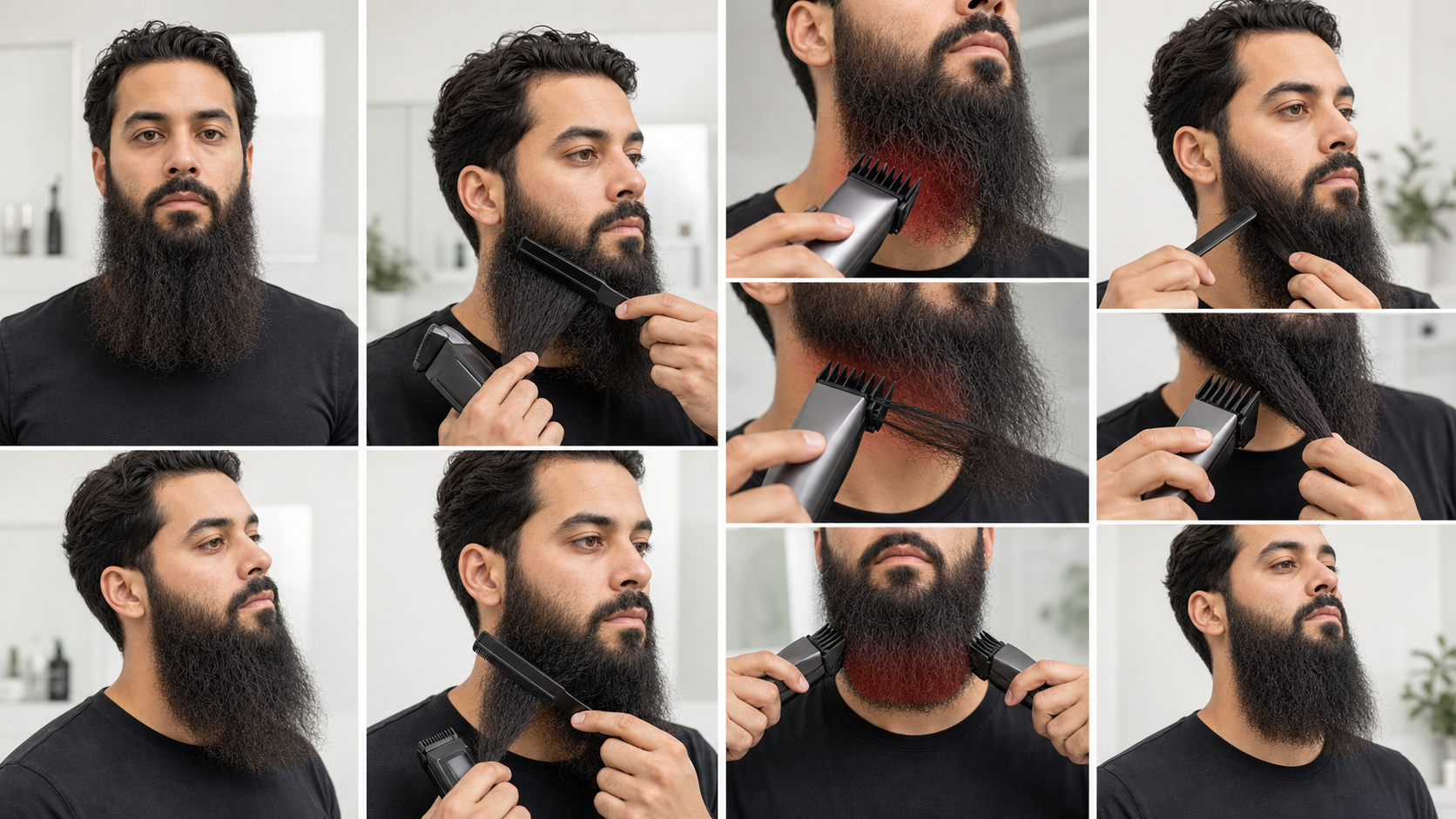Long-beard mistake-prevention sequence showing a dry released baseline, outer and supporting layer separation, unsafe short-guard and double-sided approaches, and one isolated guarded correction before reassessment