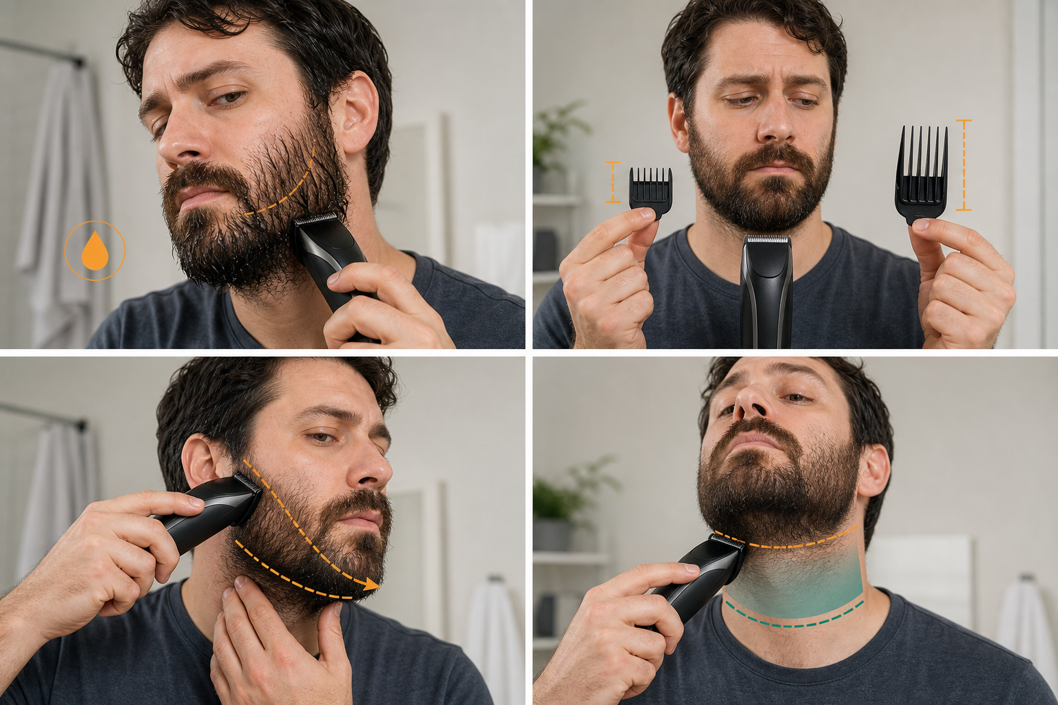 Four-panel medium-beard trimming mistake guide showing damp-hair judgment, a large guard-setting jump, one hard cross-zone pass, and a neckline moved before the bulk shape is stable