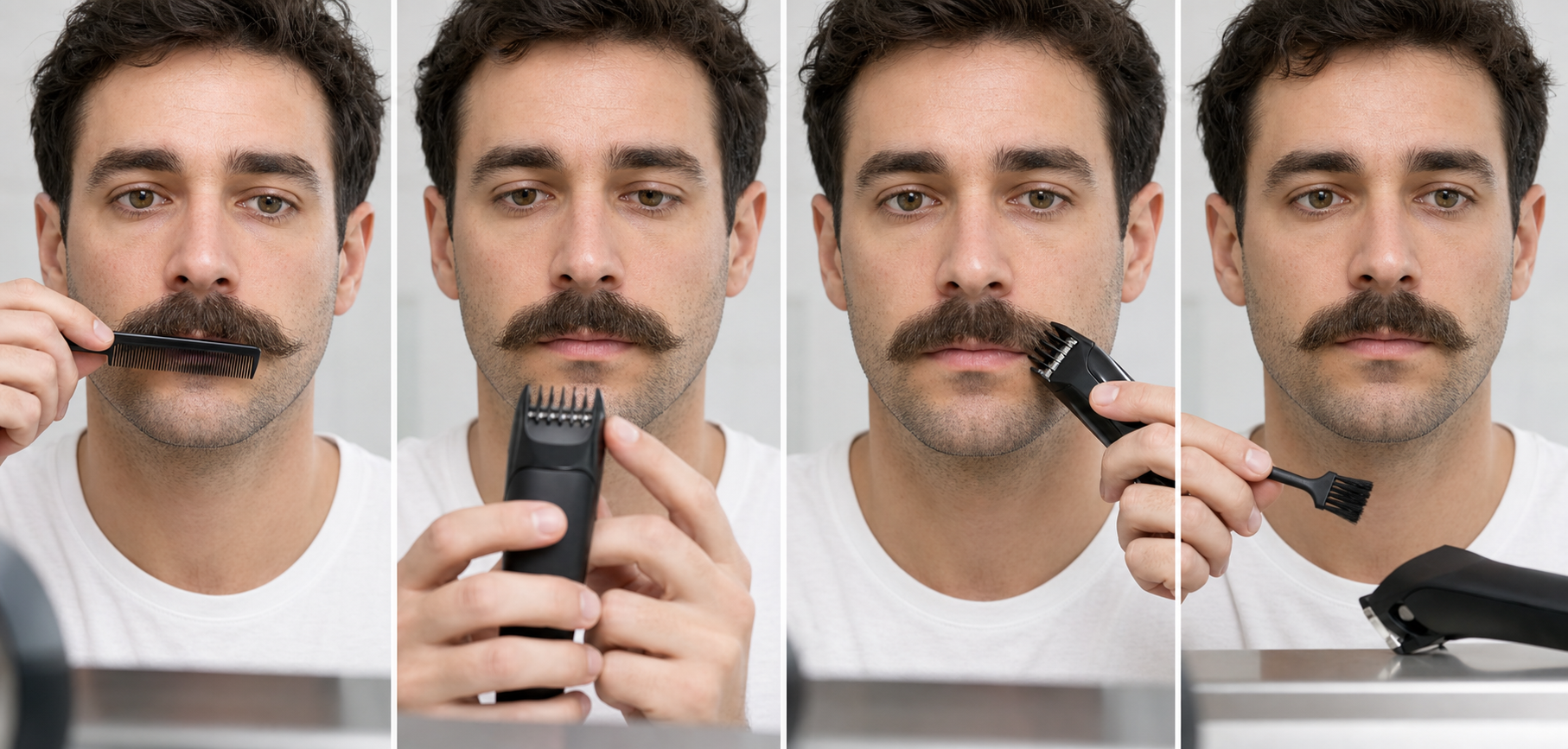 Four-stage mustache mistake-prevention workflow showing released combing, an off-face guard check, one bounded outer-section pass, and switched-off clearing before mirror reassessment